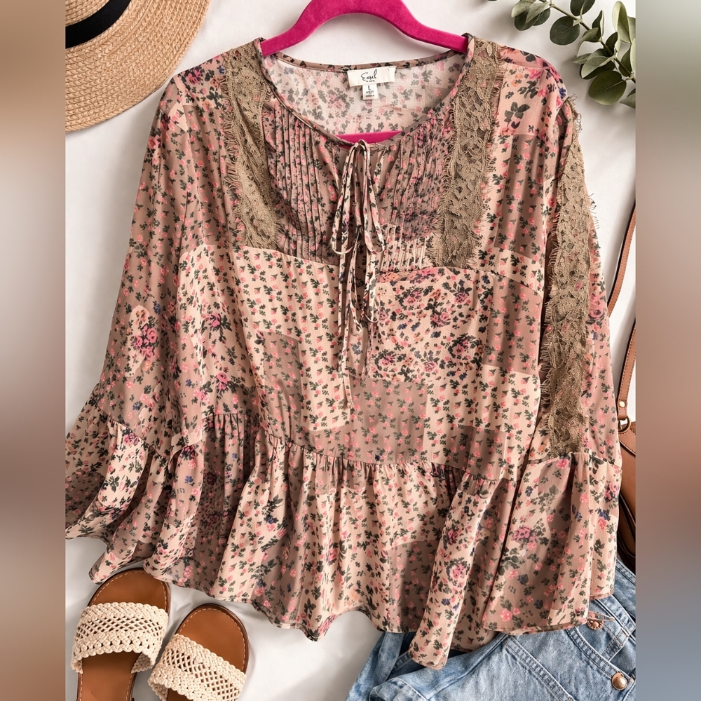 Easel Boho Floral Peplum Blouse | Lace Detail Sheer Romantic Top Size L